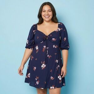 Wild Fable Navy Floral Puff Sleeve Mini Dress XL Cottagecore Boho Ruched Front
